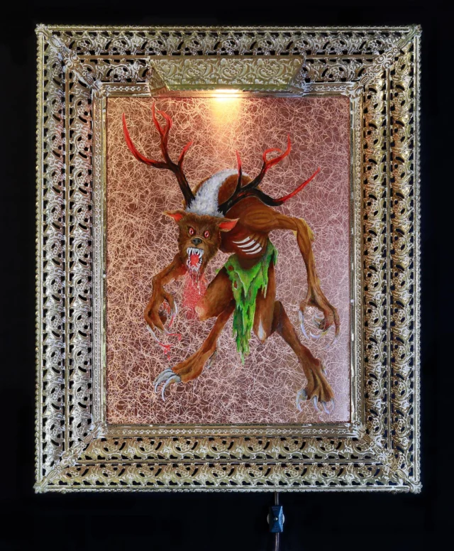 the WIINDIGOO -  the 5th painting in my series MYTHOS AMERICANUS, capturing glamour shots of mythological creatures in the usa, other paintings in this series so far have been the troll, hodag, pope lick monster and chupacabra, all paintings are framed in reclaimed vintage illuminated religious frames, hhhhmmmm.....

The Wiindigoo [aka Wendigo, Weendigo, Windego, Wiindgoo, Windgo, Windago, Windiga, Wendeg, Windagoo, Widjigo, Wiijigoo, Wijigo, Weejigo, Wìdjigò, Wintigo, Wentigo, Wehndigo, Wentiko, Windgoe, Wītikō, and Wintsigo] is a supernatural, cannibalistic monster from the folklore of Algonquian-speaking First Nations in North America. They are often described as having sharp senses, great strength, and speed. They may appear as emaciated figures, giants, or beasts that grow larger with each meal. They may have glowing eyes, sharp fangs and claws, and chewed or missing lips. They may also be covered in fur or hairless, and have pointed ears or antlers. Wendigos are said to smell like rotting flesh.

oil on etched copper
24” x 14”
$800 [smell not included]