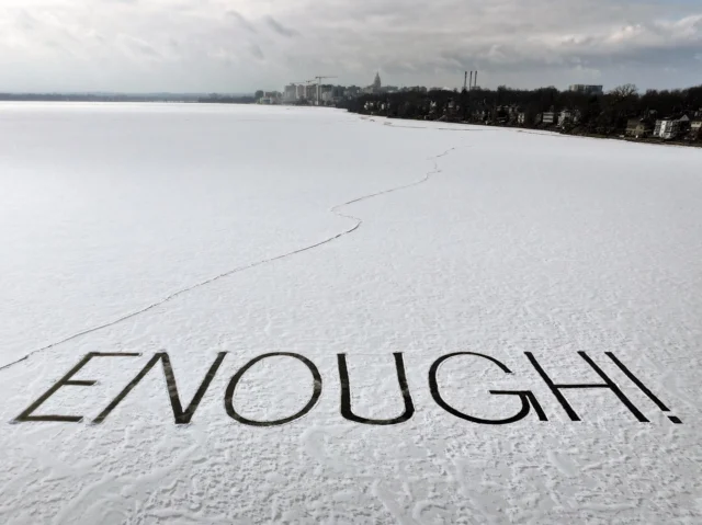 ENOUGH!  yea...enough! war and hate, mass shootings, drug overdoses, sensationalism, lies, misinformation, cultural elites, disparity of wealth, poverty, politicians, more lies, borders and boundaries, gun rights, racism..... and MADISON DEVELOPMENT!  yea...ENOUGH!

ENOUGH! is part of my Drift series where i install single-word poems guerilla style, inviting the viewer to have an internal dialogue and possibly change a moment, this installation is on lake monona along the flight path of arriving airplanes....WELCOME TO MADISON!

180’ X 40’